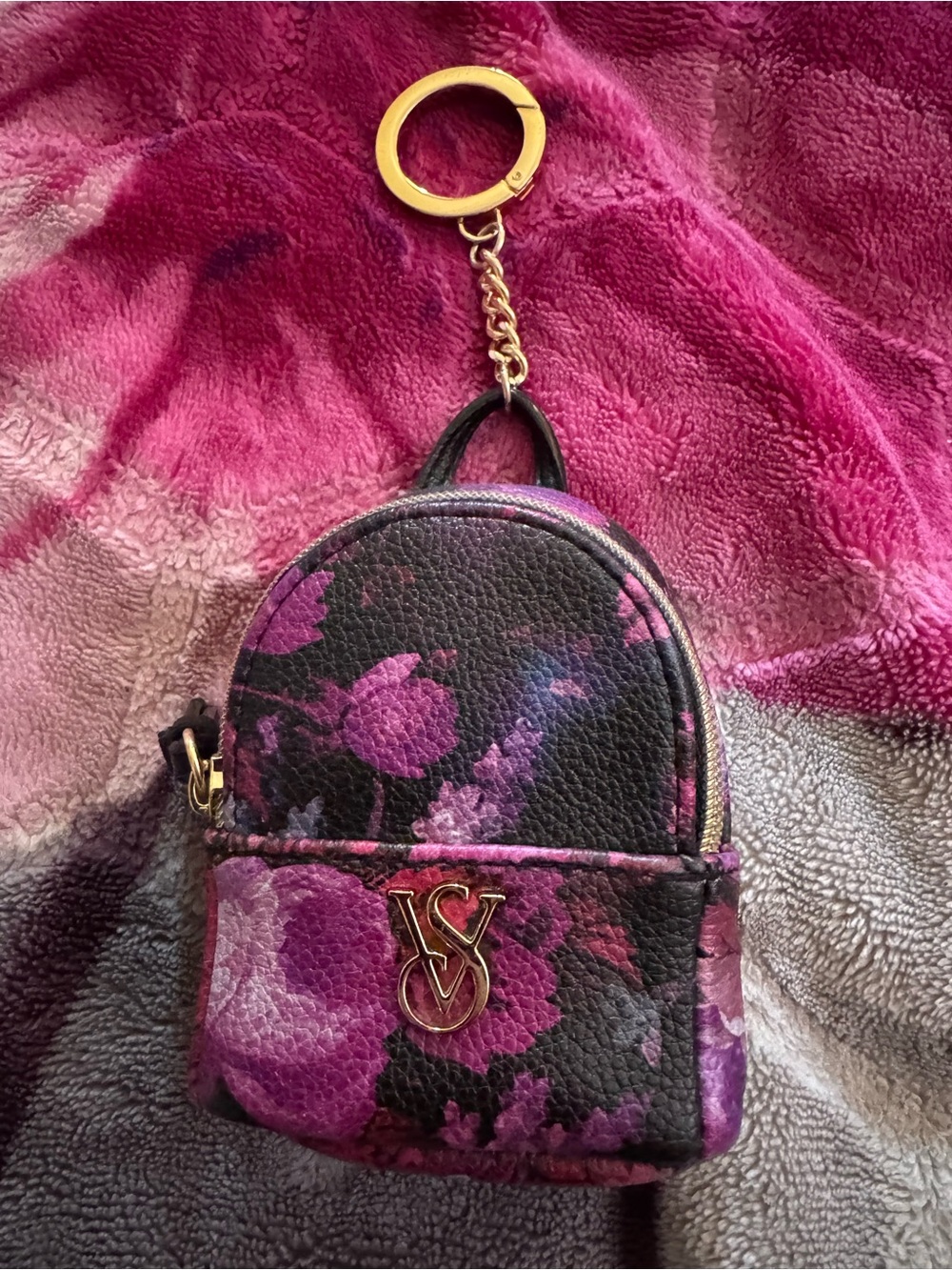 Victoria's Secret Purple & Black Floral Mini Backpack Keychain